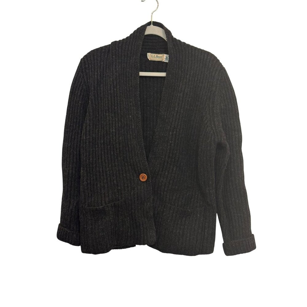 L.L. Bean Cardigan Sweater Women M Wool Dark Gray Shawl Collar Ribbed Button-Fro